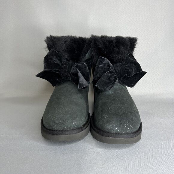Women's Ugg Boots Sz 7 Black Gita Twinkle Bow Mini Bootie Satin Bow Glitter-like - Picture 16 of 16